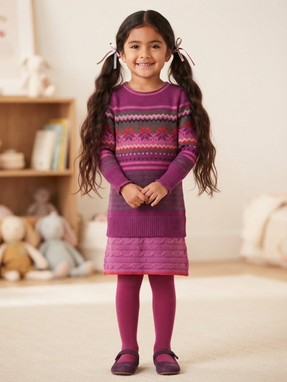 Deux par Deux Girls Fair Isle Knit Long Sleeve Sweater Dress Wool Blend 7